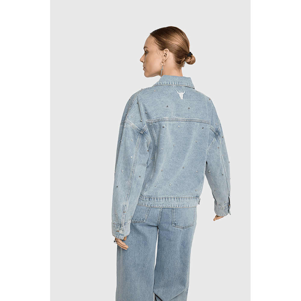 Ladies Woven Embellished Denim Jacket Licht Blauw Ladies Woven Embellished Denim Jacket Licht Blauw