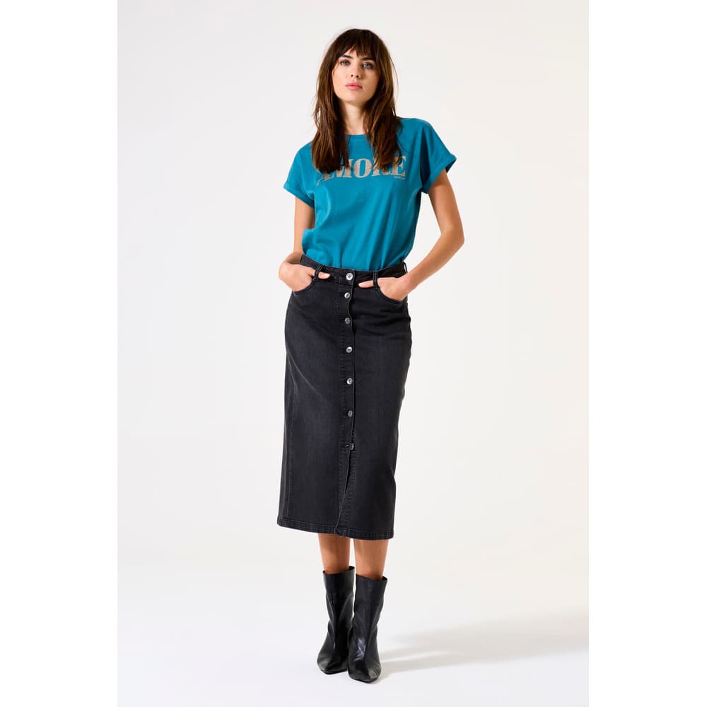 G50325 Ladies Midi Denim Skirt Zwart 1 G50325 Ladies Midi Denim Skirt Zwart 1