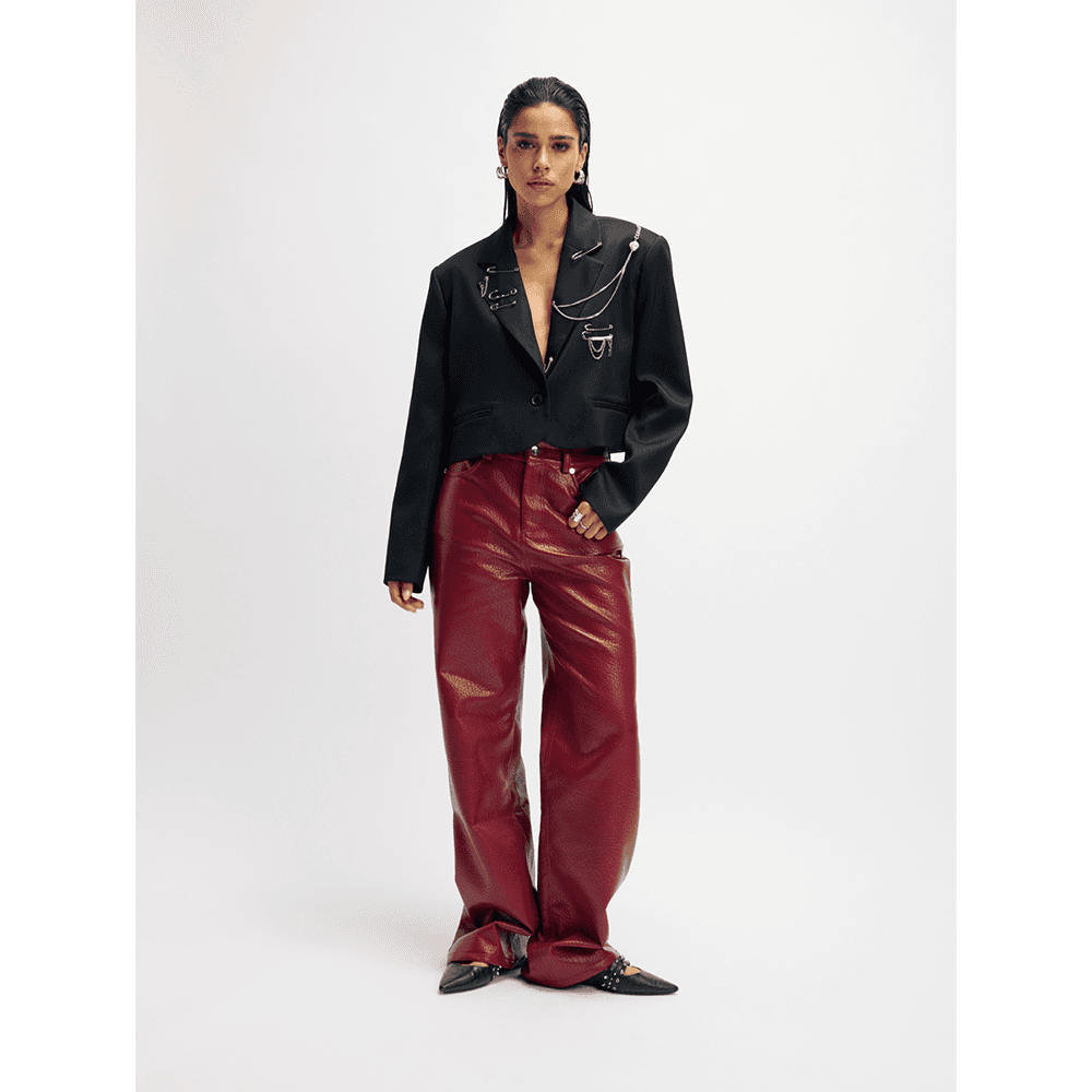 Ladies Woven Vegan Leather Wide Leg Pants Esmee Bordeaux Ladies Woven Vegan Leather Wide Leg Pants Esmee Bordeaux