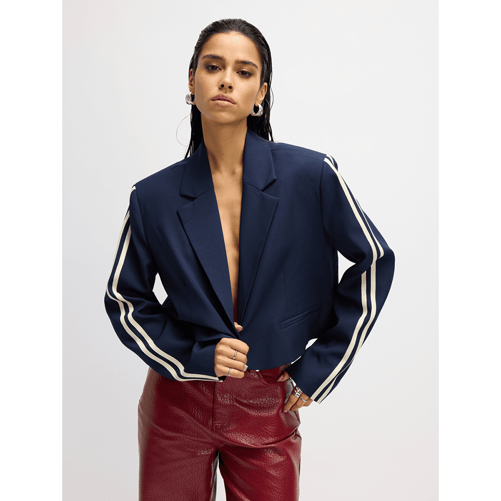 Ladies Woven Cropped Blazer Niv Donker Blauw Ladies Woven Cropped Blazer Niv Donker Blauw