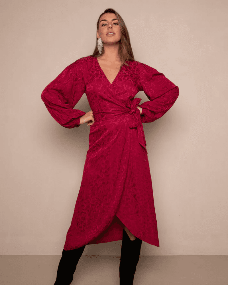 Dress Blossom Midi Jacquard Rood Dress Blossom Midi Jacquard Rood