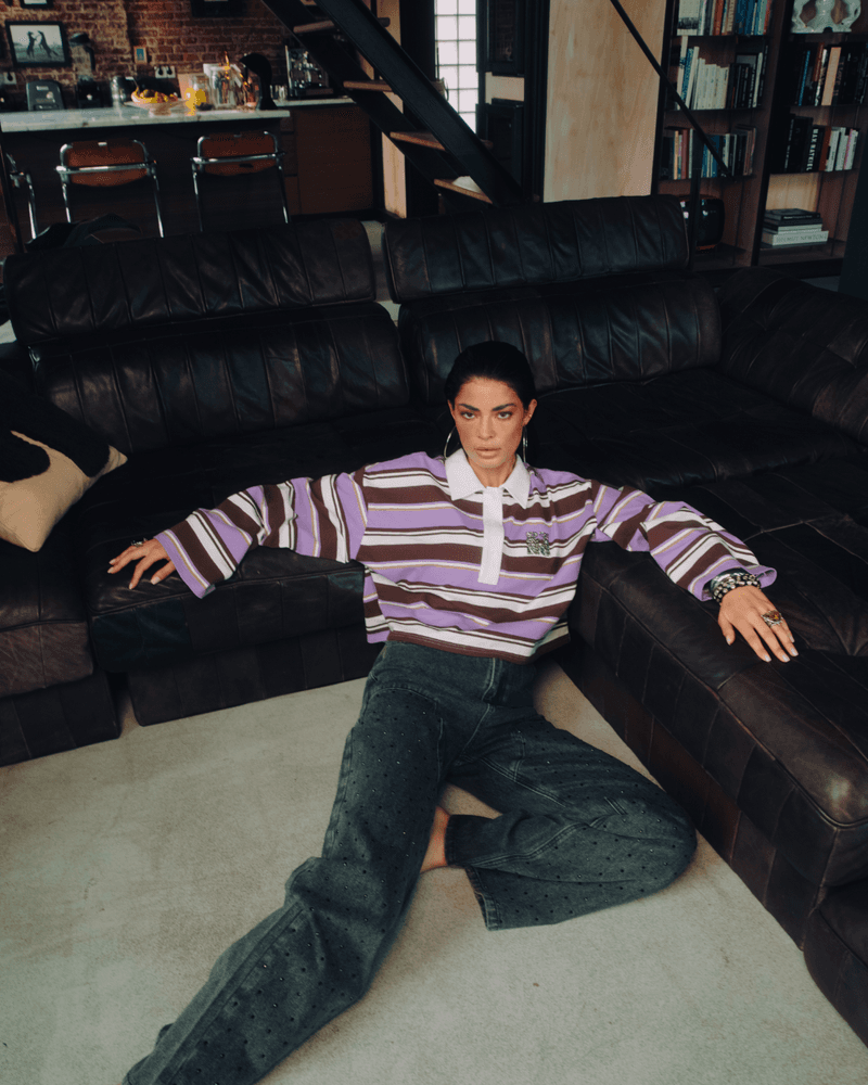 ladies knitted cropped stripe polo MUSE Multi ladies knitted cropped stripe polo MUSE Multi