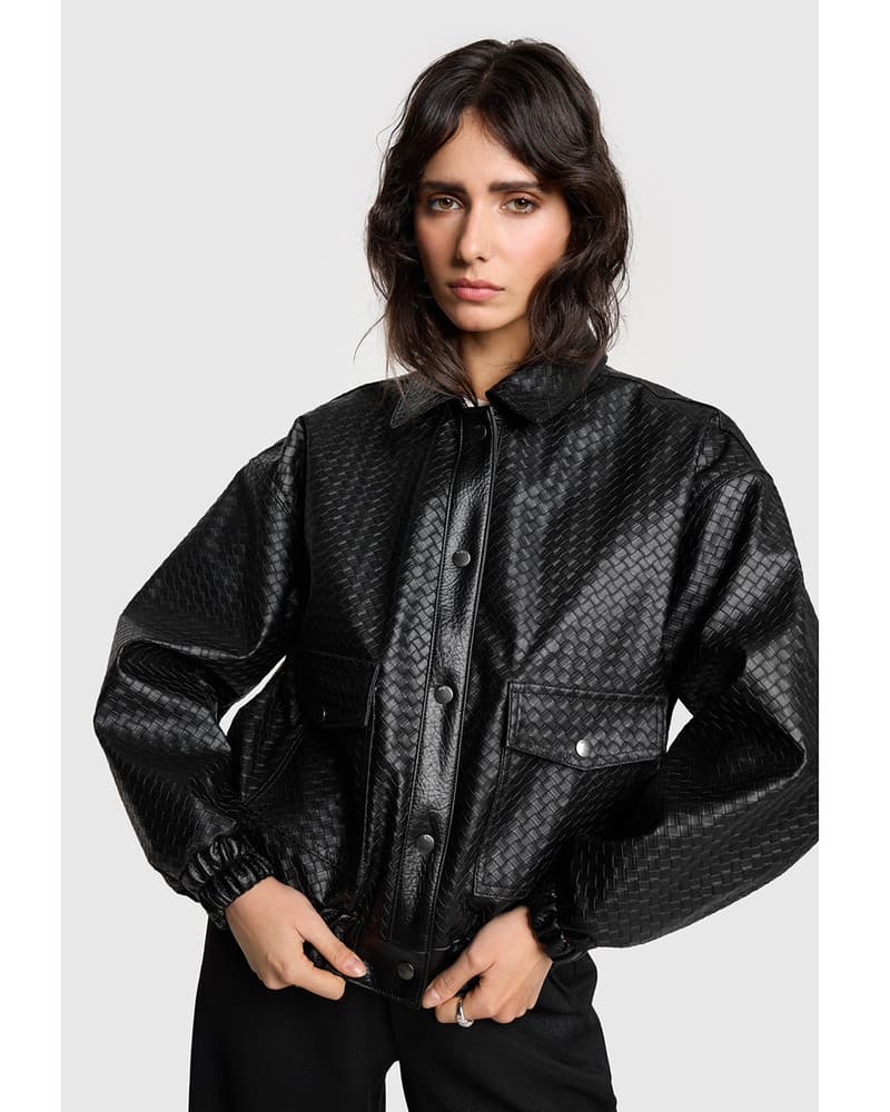 ladies woven braided faux leather jacket Zwart 1 ladies woven braided faux leather jacket Zwart 1