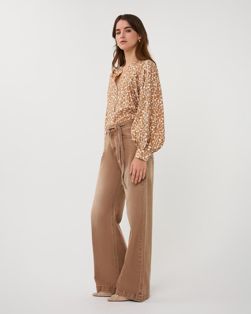 Trousers colored denim belt wide leg Camel Trousers colored denim belt wide leg Camel