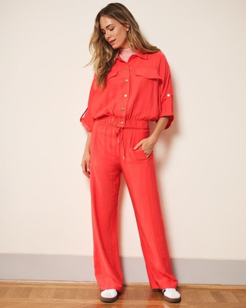 Trousers wide elastic waist slub Rood Trousers wide elastic waist slub Rood
