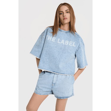 Ladies Woven Flowy Denim Top Licht Blauw
