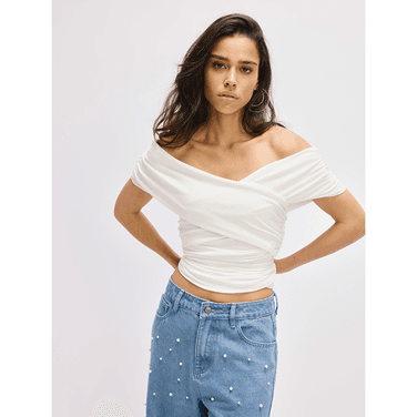 Ladies Knitted Cross Short Sleeve Top Elma Wit 1