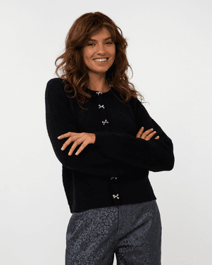 Sweater bow button fake placket Zwart 1