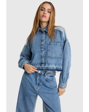 ladies woven mix denim blouse Licht Blauw